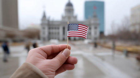 A hand displays a small American flag in front of the iconic Capitol building. The setting is Washington D.C., showcasing a moment of patriotism and civic pride.の素材