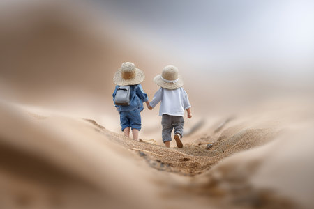 Two young children stroll together on a sandy path, wearing sun hats and casual clothing. The soft sand and warm sunlight create a cheerful atmosphere.の素材