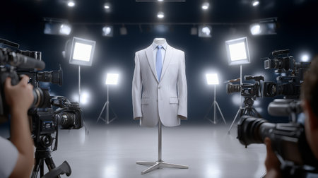 Bright lights illuminate a stylish suit on a mannequin as photographers capture the moment during a fashion event.の素材