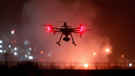 A drone equipped with lights hovers above a large fire at night, capturing critical information for emergency responders. Bright flames illuminate the surrounding area with smoke rising.の素材