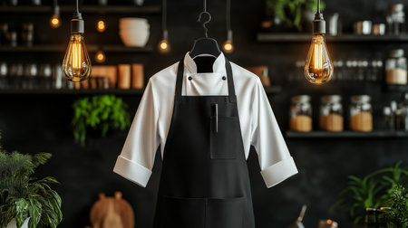 A front view of a stylish chef apron with cross-back straps is showcased in a contemporary kitchen. Warm lighting enhances the inviting atmosphere amidst jars and plants.の素材