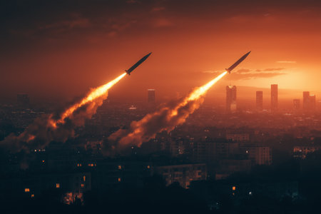 Two missiles are launched against a backdrop of a vibrant sunset illuminating the city skyline. Flames and smoke trail behind, adding tension to the peaceful evening landscape.の素材