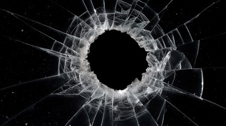 Cracked glass displays a prominent hole at the center, surrounded by intricate patterns of damage radiating outward. This striking contrast creates an impactful visual on a dark backdrop.の素材