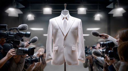 A tailored white suit is prominently displayed on a mannequin under bright lights, with reporters and cameras capturing the fashion event. The atmosphere is vibrant and busy.の素材