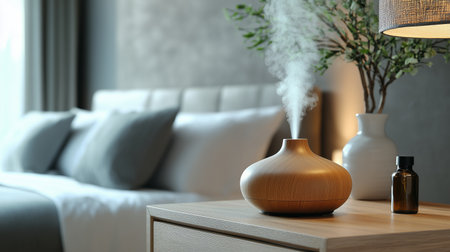 A modern bedroom features a wooden essential oil diffuser emitting fragrant mist, complementing soft linens and soothing decor. The serene space promotes relaxation and tranquility.の素材