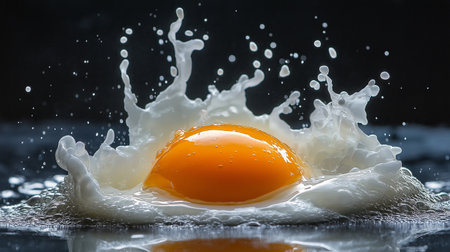 A raw egg is suspended in motion, its yolk and white splattering as it breaks, creating a dynamic splash that captures the essence of movement and texture.の素材