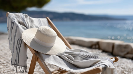 A straw hat rests on a lounge chair next to a soft blanket. Gentle waves lap at the shore under a clear blue sky in a tranquil beach setting, perfect for relaxation.の素材