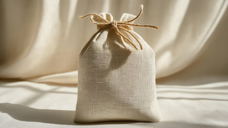 A simple linen pouch is tied with twine, placed on a light surface. Soft natural light creates gentle shadows, adding depth to the fabric texture and design of the pouch.の素材