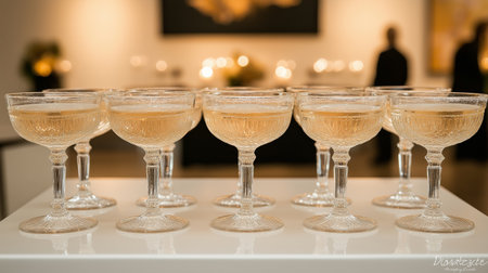 Set in a modern venue, sparkling glasses filled with bubbly stand neatly on a table, ready for guests. The atmosphere is sophisticated, inviting celebration and joy.の素材