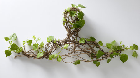 A vining plant with green leaves intertwines gracefully, forming an abstract shape against a light background. This unique arrangement adds a touch of nature to a modern interior setting.の素材