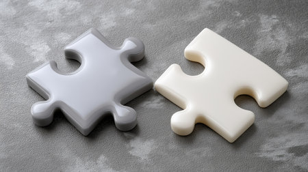 Two interlocking puzzle pieces in shades of gray and white sit together on a soft, textured gray surface, showcasing their unique shapes and smooth finish.の素材