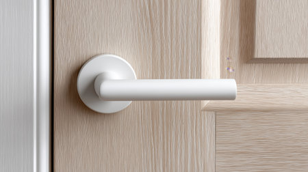 A sleek white door handle is mounted on a light wooden door, showcasing a minimalist design. The modern aesthetic complements any stylish interior setting, enhancing overall decor.の素材