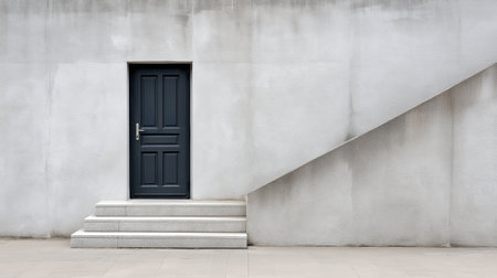 A sleek concrete staircase ascends to a black door set against a textured concrete wall. The design embodies minimalism, showcasing clean lines and an industrial aesthetic.の素材