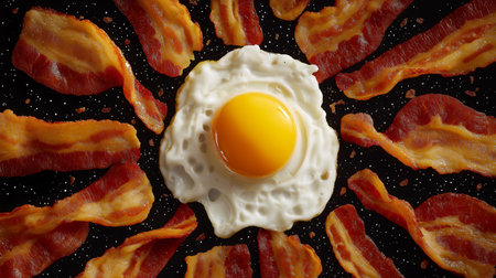 Fried egg with yolk , surrounded by adoring bacon strips like royal guardsの素材