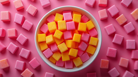 A bowl filled with vibrant orange, pink, and yellow candy cubes is surrounded by scattered pieces on a soft pink surface. This delightful display invites a cheerful atmosphere.の素材