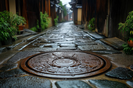 A narrow, damp cobblestone street reflects the twilight sky, surrounded by traditional buildings. Potted plants and wooden textures add charm to this serene setting after rainfall.の素材