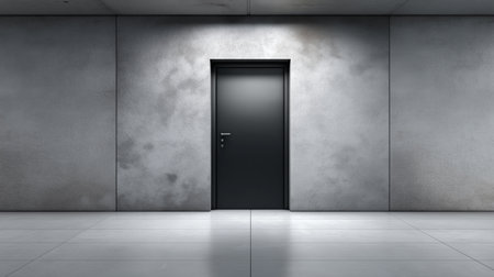 A simple black door stands prominently against a smooth concrete wall in a minimalist interior setting. Bright lighting enhances the modern aesthetic of the space.の素材