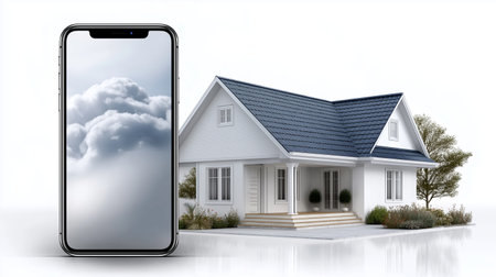 A modern house with a blue roof sits beside a smartphone displaying clouds. The scene captures the harmony between technology and nature during daytime, highlighting innovative living.の素材