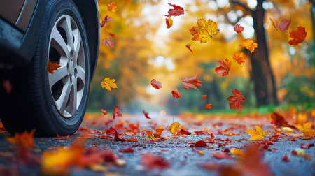 Closeup view of the car tires on asphalt road with many colourful autumn maple leaves falling from the trees in beautiful park in autumnの素材