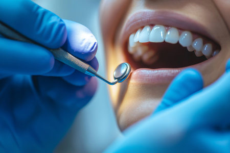Closeup of female patient with open mouth receiving dental treatment at dentist offの素材