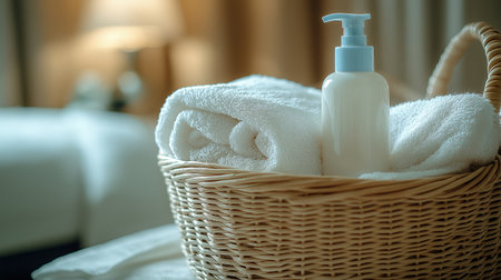 a white basket filled with clean towels and a single white lotion bottle mockup. High quality illustrationの素材