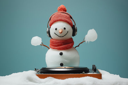 Snowman with headphones and turntable on snowy background. Christmas music concepの素材