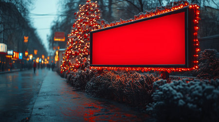 front view. wide angle. Blank advertising mockup stands outside supermarket setting , christmas decoration, blurred background , showcasing a wide banner design featuring ample blankの素材