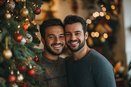 A happy couple poses in front of a beautifully decorated Christmas tree, capturing the joy of the season.の素材