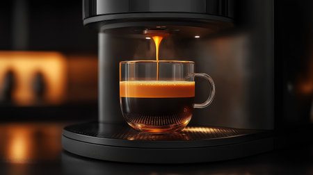 Coffee machine pouring coffee into a cuの素材