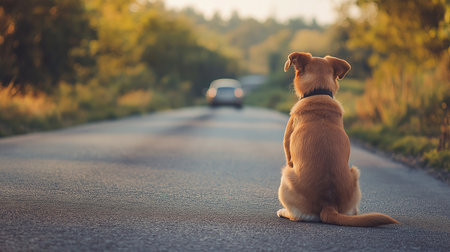 Leaved dog sitting on the road watching a car drive away. Pet responsibility concept. High quality illustrationの素材