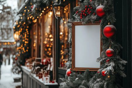 front view. wide angle. Blank advertising mockup stands outside supermarket setting , christmas decoration, blurred background , showcasing a wide banner design featuring ample blankの素材