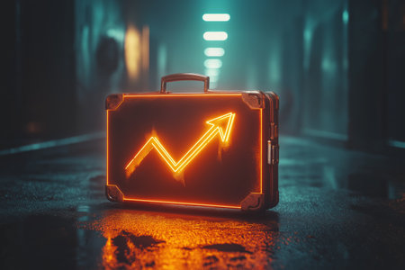A single briefcase placed on a plain surface, with a glowing upward arrow reflected on its side, symbolizing growthの素材