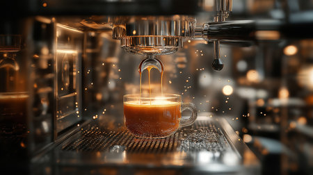 A cup of latte coffee in coffeemaking machiの素材