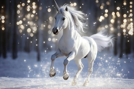 Magic unicorn in winter forest. Fairytale concept. Magical animの素材