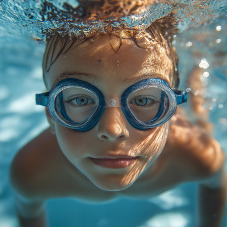 Young Athlete boy Swimming in Poolの素材