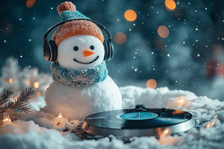 Snowman with headphones and turntable on snowy background. Christmas music concepの素材
