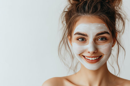 A smiling woman enjoys applying a refreshing facial mask, highlighting her healthy skincare routine with joyの素材