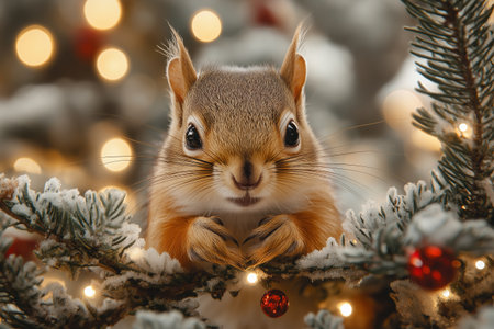 Adorable squirrel in a tiny red Christmas scarf sits among snowy branches and red berrieの素材