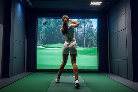Golfer playing golf in indoor simulator Mixed media. golf simulatoの素材