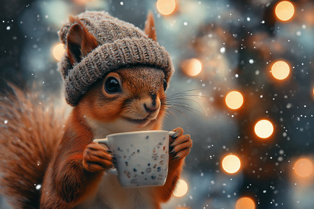 A cute squirrel in a knitted hat drinks coffee from a cup in a winter foreの素材