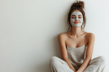 A smiling woman enjoys applying a refreshing facial mask, highlighting her healthy skincare routine with joyの素材