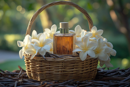 mockup of the bottle of perfume and fresh vanilla flowers in wicker basket. High quality illustrationの素材