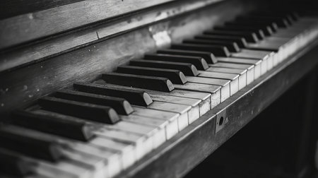 An aged, black piano artistically showcasing its weathered keys and remarkable timeless charm and beautyの素材