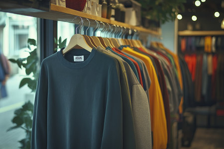 Colorful slow fashion clothes on hangers in a fashion store. High quality illustrationの素材