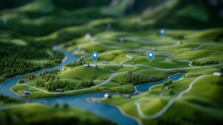 A detailed map layout features lush hills, winding roads, and water bodies. Blue markers indicate points of interest in the tranquil countryside during daylight.の素材