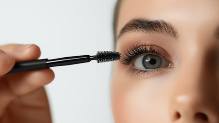 Makeup artist applying mascara on eyelashes of young woman, closeの素材