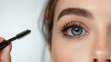 Makeup artist applying mascara on eyelashes of young woman, closeの素材