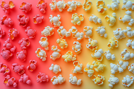 Colorful abstract flat lay of popcorn creating a vibrant gradient patternの写真素材