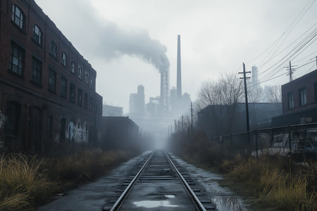 Thick gray smoke rises from industrial towers along abandoned railway tracksの写真素材