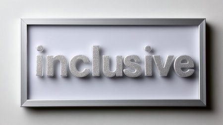 A decorative sign features the word 'inclusive' in large, sparkling letters. It is displayed within a sleek silver frame, adding a contemporary touch to the surrounding space.の素材